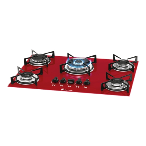 Cooktop 5 Bocas À Gás Fischer Rouge com Tripla Chama e Mesa de Vidro Vermelho - Bivolt