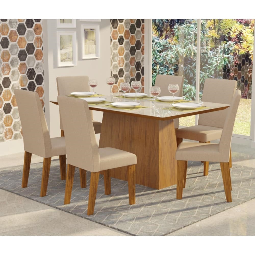 Conjunto Mesa De Jantar Selena V Vidro E 6 Cadeira Multisom