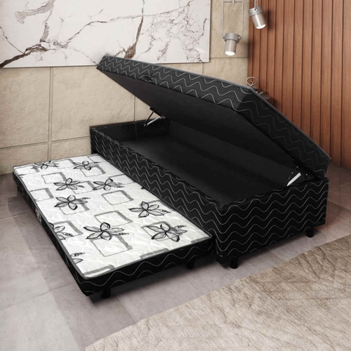 Cama Box Solteiro Conjugada Espuma D28 Somopar Nanda com Baú e Cama Auxiliar 88x188x51cm – Preto