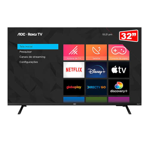 Smart TV 32” AOC DLED HD 32S5135 Processador Quad Core com Sistema Roku TV 3 HDMI 1 USB 2.0