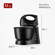 Batedeira Mondial Prática B-44-B 400W com 3 Velocidades + Função Pulsar Preto