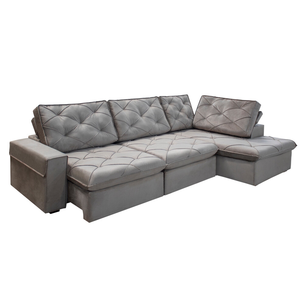 Sofá de Canto Retrátil com Chaise Direita Veludo Fergu Schumann