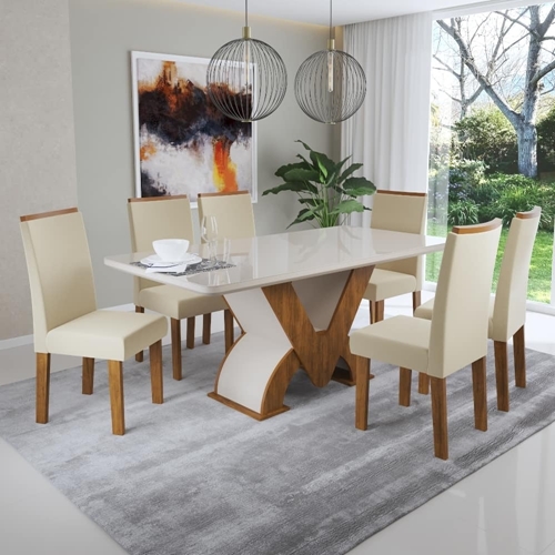 Conjunto Mesa de Jantar Áustria com Vidro e 6 Cadeiras