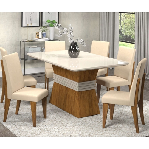 Conjunto Sala de jantar mesa Cronos off white em mdf 8 Cadeira