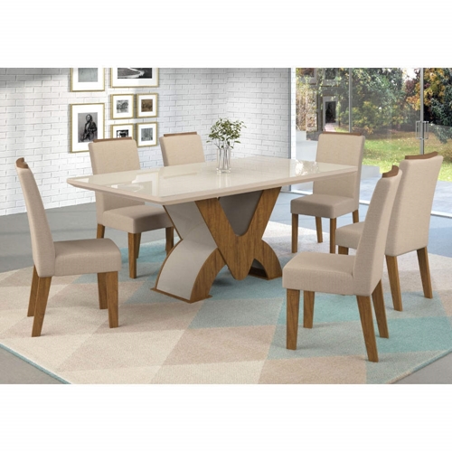 Conjunto Mesa de Jantar Áustria com Vidro e 6 Cadeiras