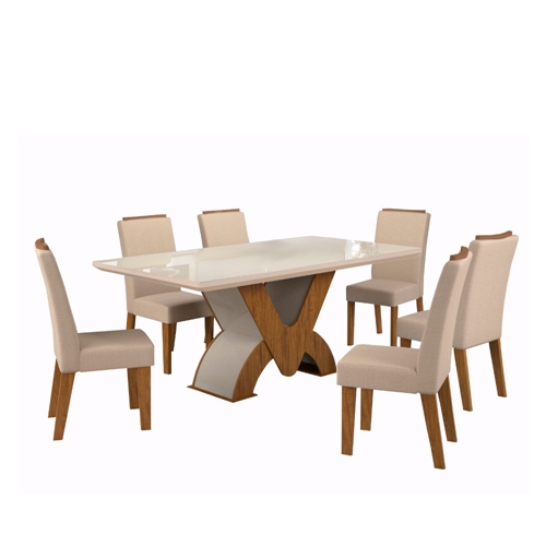 Conjunto Mesa de Jantar Áustria com Vidro e 6 Cadeiras