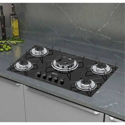 Cooktop 5 Bocas a Gás Clarice Tripla Chama com Mesa em Vidro Temperado Preto – Bivolt