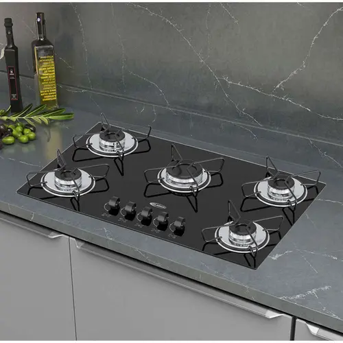 Cooktop 5 Bocas a Gás Clarice Mega Chama com Mesa em Vidro Temperado Preto – Bivolt