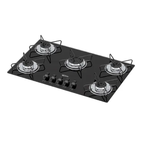 Cooktop 5 Bocas a Gás Clarice Mega Chama com Mesa em Vidro Temperado Preto – Bivolt