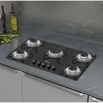 Cooktop 5 Bocas a Gás Clarice Mega Chama com Mesa em Vidro Temperado Preto – Bivolt