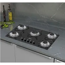 Cooktop 5 Bocas a Gás Clarice Mega Chama com Mesa em Vidro Temperado Preto – Bivolt