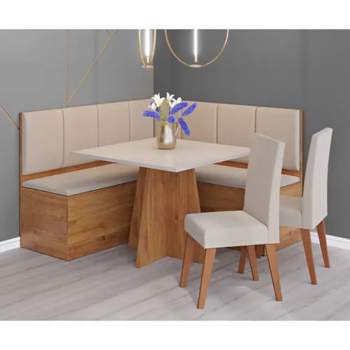Conjunto Canto Alemão Baú com Mesa de Jantar e 2 Cadeiras Montreal Viero Mel Bronze/Off White