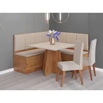 Conjunto Canto Alemão Baú com Mesa de Jantar e 2 Cadeiras Montreal Viero Mel Bronze/Off White