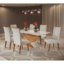 Conjunto Mesa de Jantar Aurora com Vidro e 6 Cadeiras Safira Viero - Mel/Blonde Off White