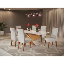 Conjunto Mesa de Jantar Aurora com Vidro e 6 Cadeiras Safira Viero - Mel/Blonde Off White
