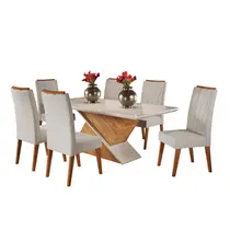 Conjunto Mesa de Jantar Aurora com Vidro e 6 Cadeiras Safira Viero - Mel/Blonde Off White