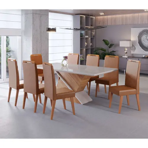 Conjunto Mesa de Jantar Glamour com Vidro e 8 Cadeiras Lotus Viero - Mel/Blonde Off White