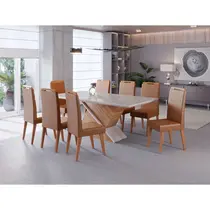 Conjunto Mesa de Jantar Glamour com Vidro e 8 Cadeiras Lotus Viero - Mel/Blonde Off White