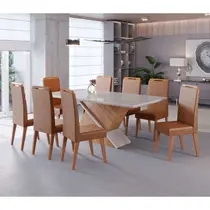 Conjunto Mesa de Jantar Glamour com Vidro e 8 Cadeiras Lotus Viero - Mel/Blonde Off White