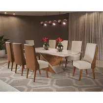 Conjunto Mesa de Jantar Glamour com Vidro e 8 Cadeiras Topazio Viero - Mel/Blonde Off White