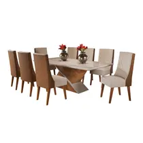 Conjunto Mesa de Jantar Glamour com Vidro e 8 Cadeiras Topazio Viero - Mel/Blonde Off White