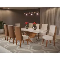 Conjunto Mesa de Jantar Glamour com Vidro e 8 Cadeiras Topazio Viero - Mel/Blonde Off White