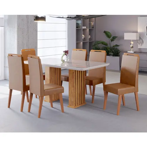 Conjunto Mesa de Jantar Munique 160x90cm com Vidro e 6 Cadeiras Lotus Viero – Mel/Blonde Off White