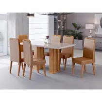 Conjunto Mesa de Jantar Munique 160x90cm com Vidro e 6 Cadeiras Lotus Viero – Mel/Blonde Off White