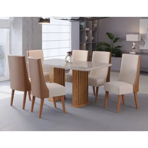 Conjunto Mesa de Jantar Munique 160x90cm com Vidro e 6 Cadeiras Topazio Viero – Mel/Blonde Off White