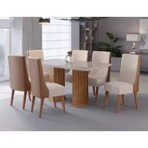 Conjunto Mesa de Jantar Munique 160x90cm com Vidro e 6 Cadeiras Topazio Viero – Mel/Blonde Off White