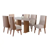 Conjunto Mesa de Jantar Munique 160x90cm com Vidro e 6 Cadeiras Topazio Viero – Mel/Blonde Off White