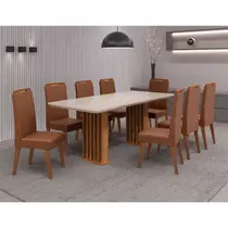 Conjunto Mesa de Jantar Munique 200x90cm com Vidro e 8 Cadeiras Lotus Viero – Mel/Blonde Off White