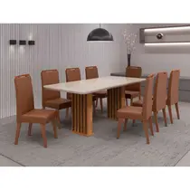 Conjunto Mesa de Jantar Munique 200x90cm com Vidro e 8 Cadeiras Lotus Viero – Mel/Blonde Off White
