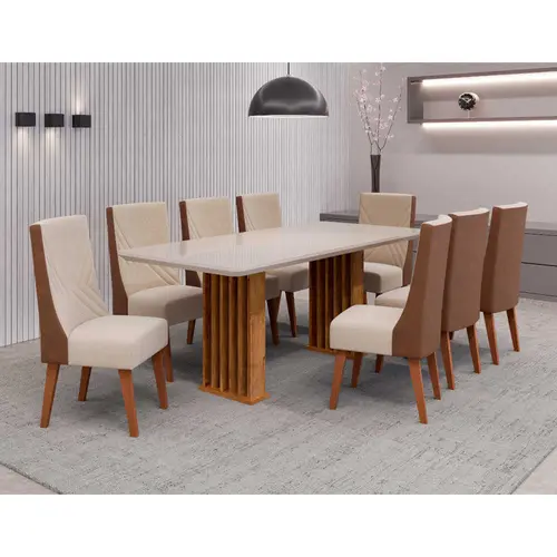 Conjunto Mesa de Jantar Munique 200x90cm com Vidro e 8 Cadeiras Topazio Viero – Mel/Blonde Off White