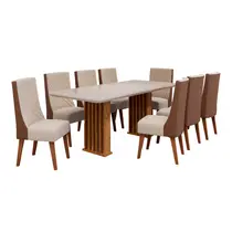 Conjunto Mesa de Jantar Munique 200x90cm com Vidro e 8 Cadeiras Topazio Viero – Mel/Blonde Off White