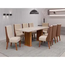 Conjunto Mesa de Jantar Munique 200x90cm com Vidro e 8 Cadeiras Topazio Viero – Mel/Blonde Off White