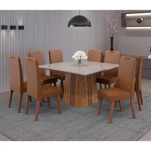 Conjunto Mesa de Jantar Rubi com Vidro e 8 Cadeiras Lotus Viero – Mel/Blonde Off White