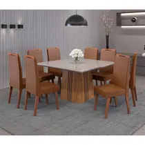 Conjunto Mesa de Jantar Rubi com Vidro e 8 Cadeiras Lotus Viero – Mel/Blonde Off White