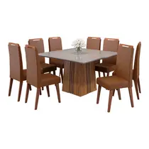 Conjunto Mesa de Jantar Rubi com Vidro e 8 Cadeiras Lotus Viero – Mel/Blonde Off White