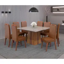 Conjunto Mesa de Jantar Rubi com Vidro e 8 Cadeiras Lotus Viero – Mel/Blonde Off White