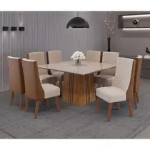 Conjunto Mesa de Jantar Rubi com Vidro e 8 Cadeiras Topazio Viero – Mel/Blonde Off White