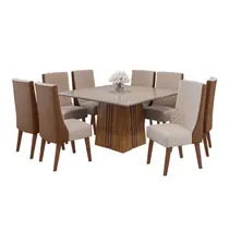 Conjunto Mesa de Jantar Rubi com Vidro e 8 Cadeiras Topazio Viero – Mel/Blonde Off White