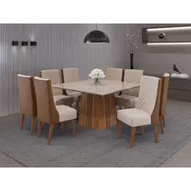 Conjunto Mesa de Jantar Rubi com Vidro e 8 Cadeiras Topazio Viero – Mel/Blonde Off White