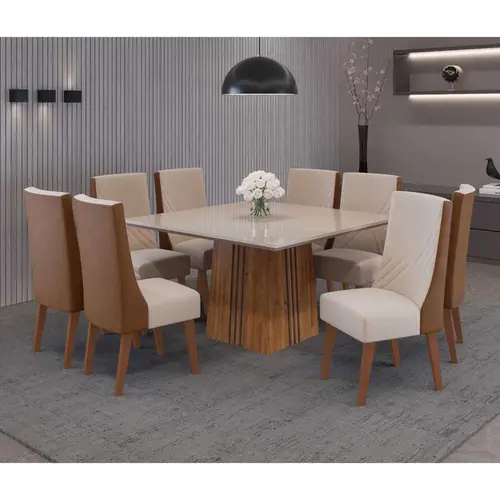 Conjunto Mesa de Jantar Rubi com Vidro e 8 Cadeiras Topazio Viero – Mel/Blonde Off White