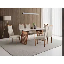 Conjunto Mesa de Jantar Moscou com Vidro e 6 Cadeiras Grecia Madetal – Cappuccino/Bege