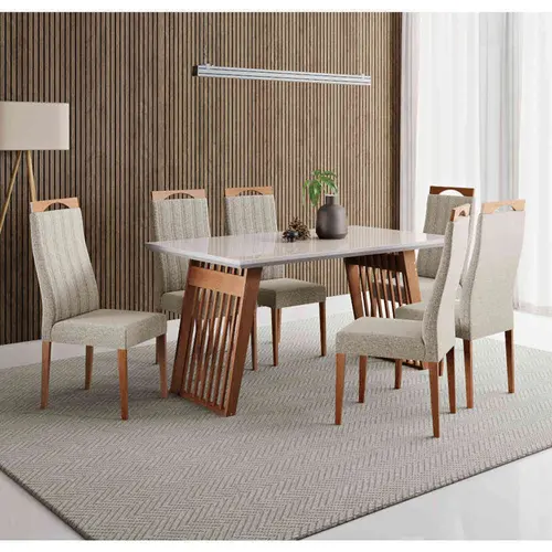 Conjunto Mesa de Jantar Moscou com Vidro e 6 Cadeiras Grecia Madetal – Cappuccino/Bege