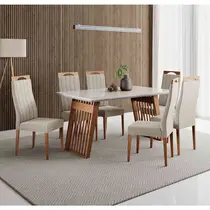 Conjunto Mesa de Jantar Moscou com Vidro e 6 Cadeiras Grecia Madetal – Cappuccino/Bege