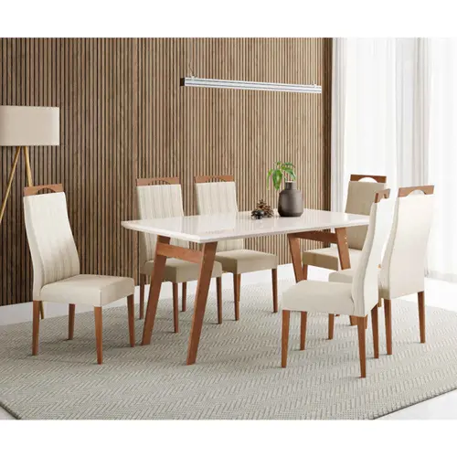 Conjunto Mesa de Jantar Onix com Vidro e 6 Cadeiras Grecia Madetal – Cappuccino/Bege