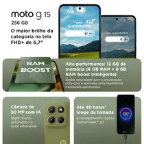 Smartphone Motorola Moto G15 4G 256GB 4GB RAM+8GB Ram Boost Câmera Dupla + Frontal 8MP Tela 6.7” - Verde