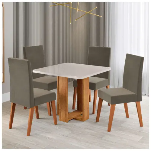 Conjunto Mesa de Jantar Angel com Vidro e 4 Cadeiras Milão Veludo Viero